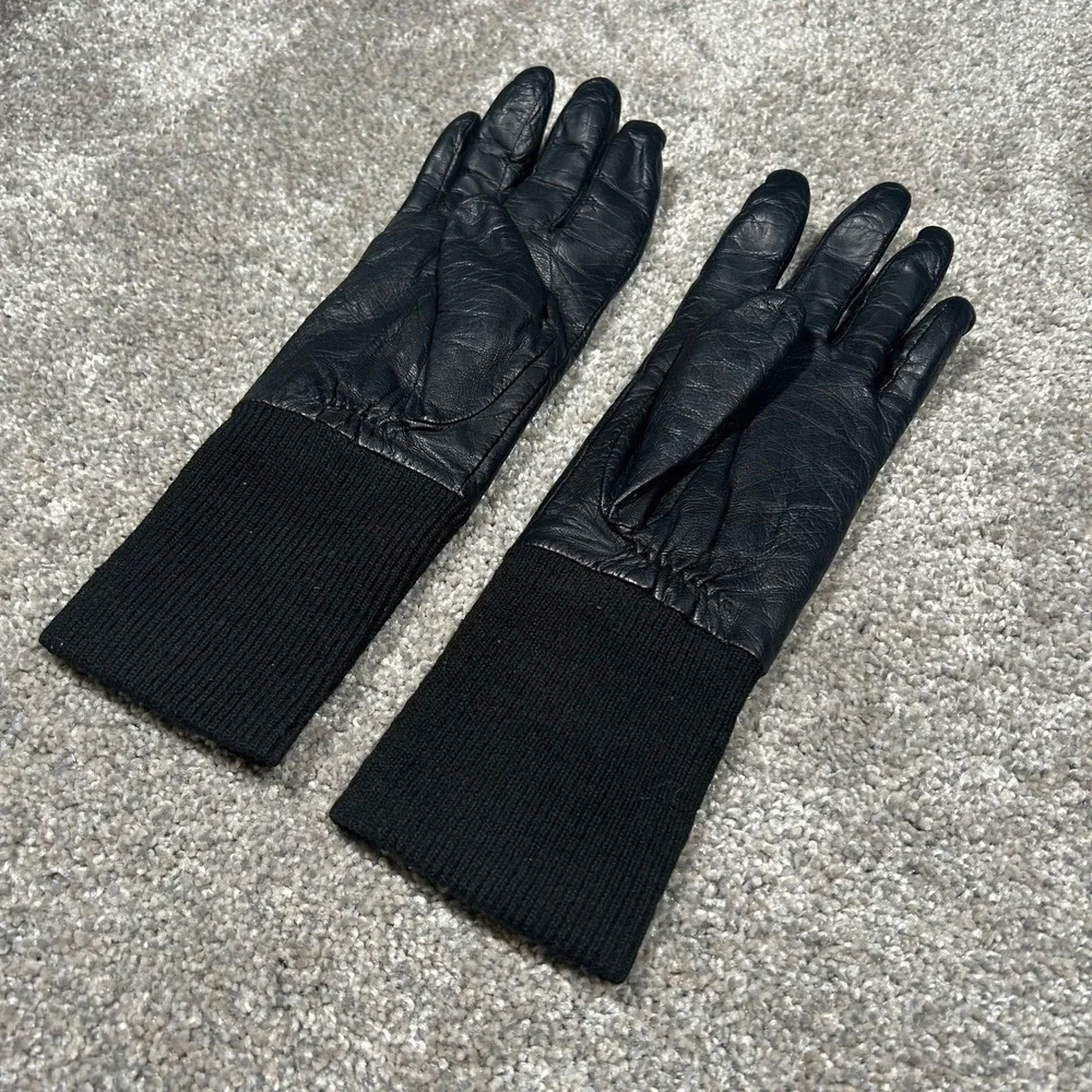 Fownes Black Genuine‎ Leather Gloves with Ribbed Knit Cuffs Size 7.5